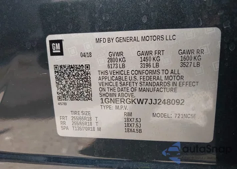 2018 Chevrolet Traverse 1Lt from USA, damaged, VIN 1GNERGKW7JJ248092
